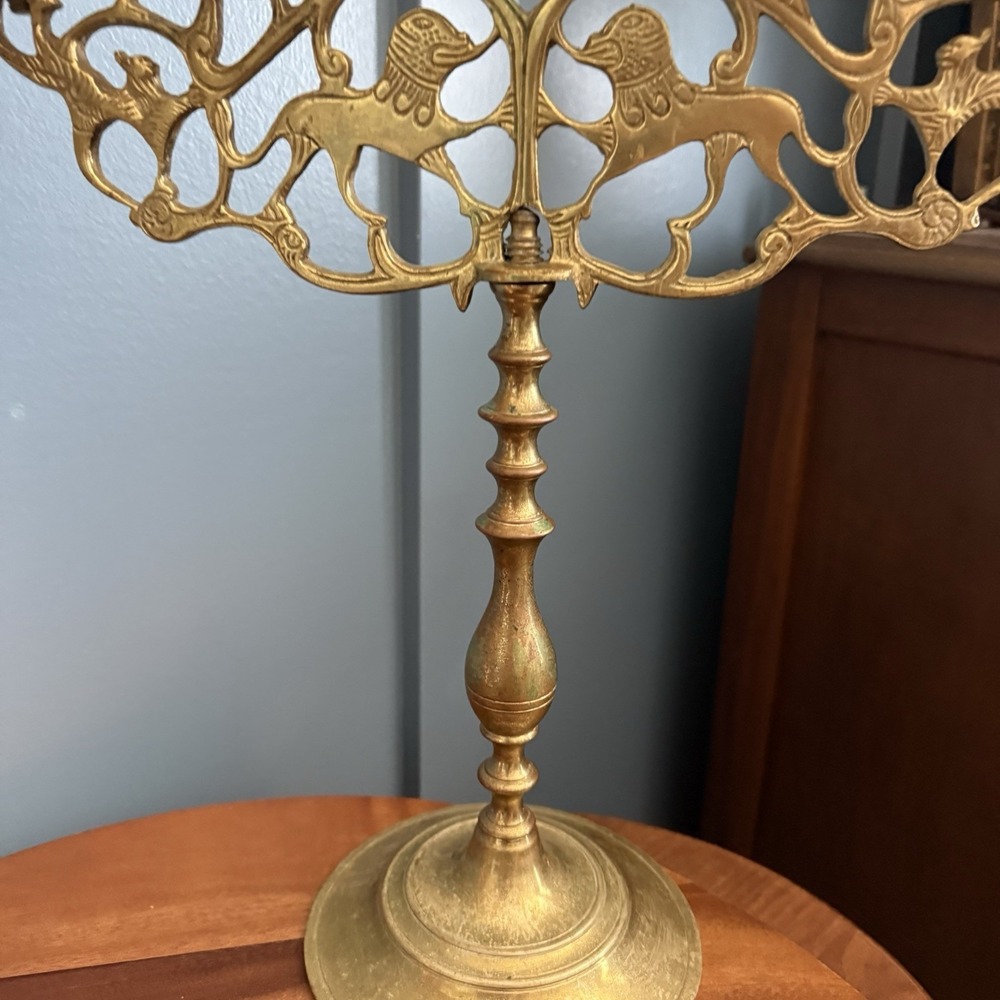 Vintage Brass Lion of Judah Candelabra Pair 5 Arm Shabbat Heavy Judaica Large - Picture 6 of 9